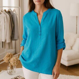 Lulu-B Asymmetrical Hem Roll Tab Sleeve Crepe Lagenlook Layered Top Size Medium